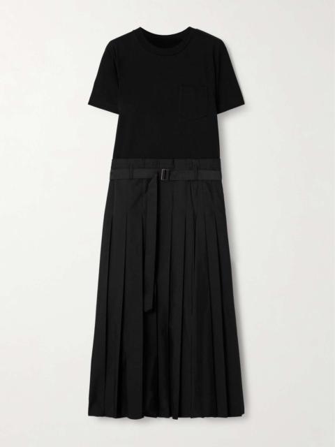 sacai Belted cotton-poplin and jersey midi dress