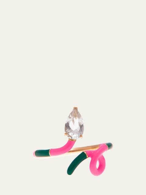 BEA BONGIASCA Drop-Cut Rock Crystal Duo Colored Ring in Evergreen and Bubble Gum Pink Enamel