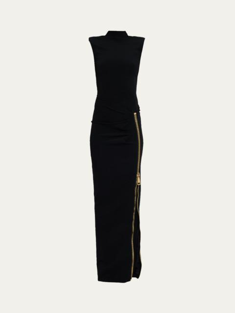 Mock-Neck Zip Slit Sleeveless Gown