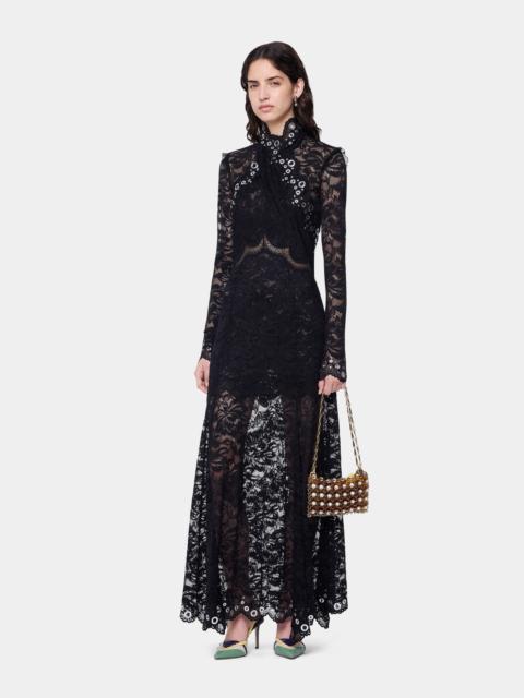 rabanne LONG DRESS IN BLACK LAYERED LACE WITH SILVER EYELETS DETAILS