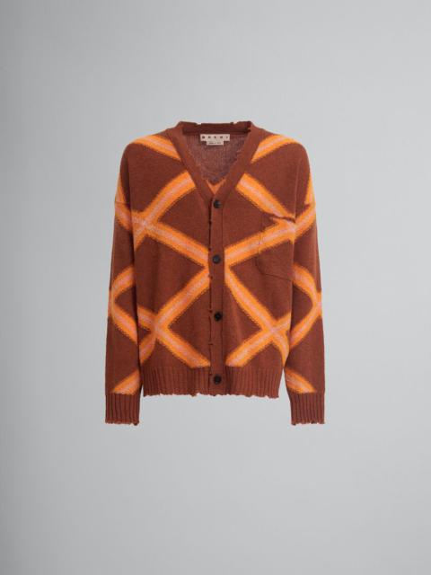 Marni BROWN BROKEN WOOL CARDIGAN WITH ARGYLE MOTIF