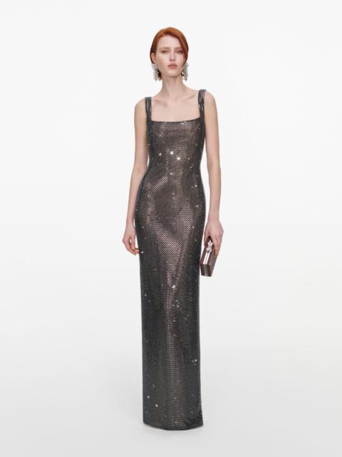 self-portrait Gunmetal Square Neck Rhinestone Maxi Dress