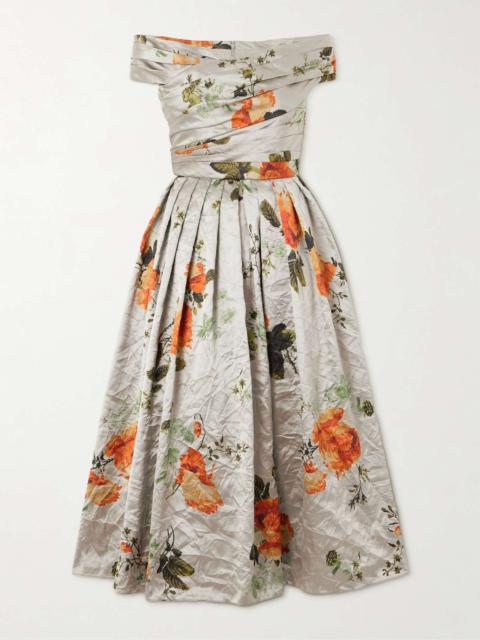 Off-the-shoulder floral-print metallic crinkled-satin midi dress