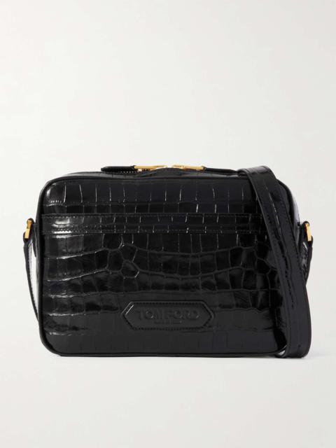 Croc-Effect Leather Messenger Bag