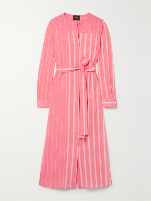 AKRIS Belted Striped Cotton-voile Midi Dress