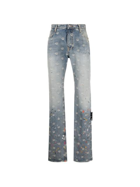 logo-jacquard paint-splatter jeans