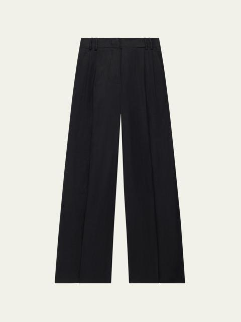 Pleated Front Wide-Leg Linen Trousers