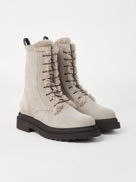 Brunello Cucinelli Suede boots with shearling lining and shiny loop detail