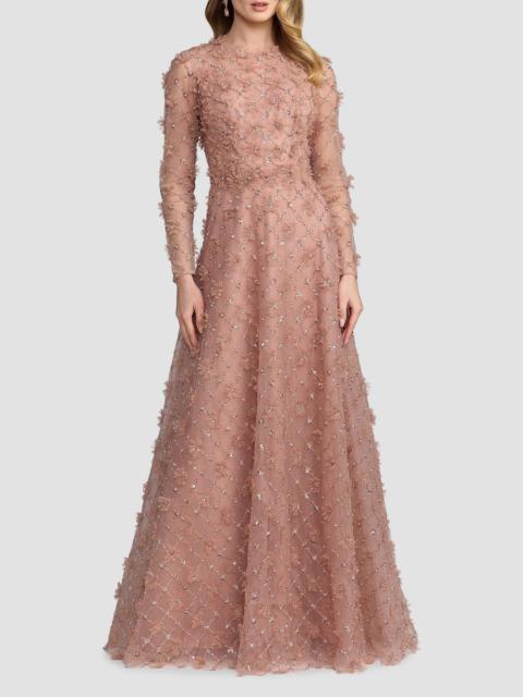 MAC DUGGAL Women's Beaded Tulle Long-Sleeve A-Line Gown - Mocha