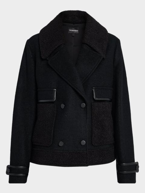 EMPORIO ARMANI Double-Breasted Peacoat with Faux Leather Trim
