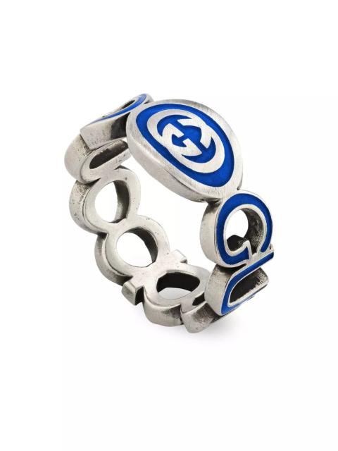 GUCCI Sterling Silver Interlocked G Blue Enamel Logo Ring