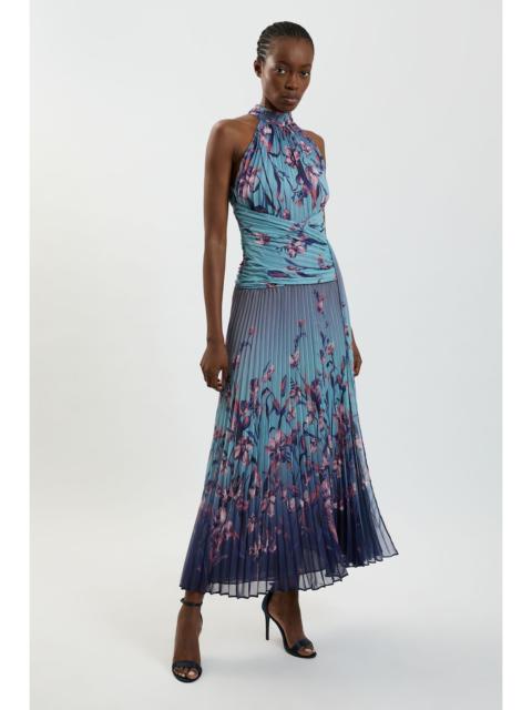KAREN MILLEN Petite Ombre Floral Crinkle Halter Neck Georgette Draped Woven Maxi Dress