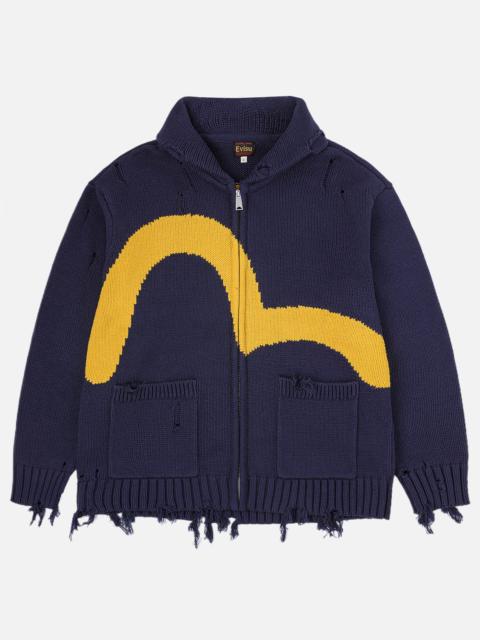 EVISU Seagull & Evisu Logo Distressed Cowichan Cardigan Jacket