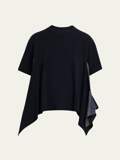 sacai Denim Side-Panel Short-Sleeve Cotton Jersey T-Shirt