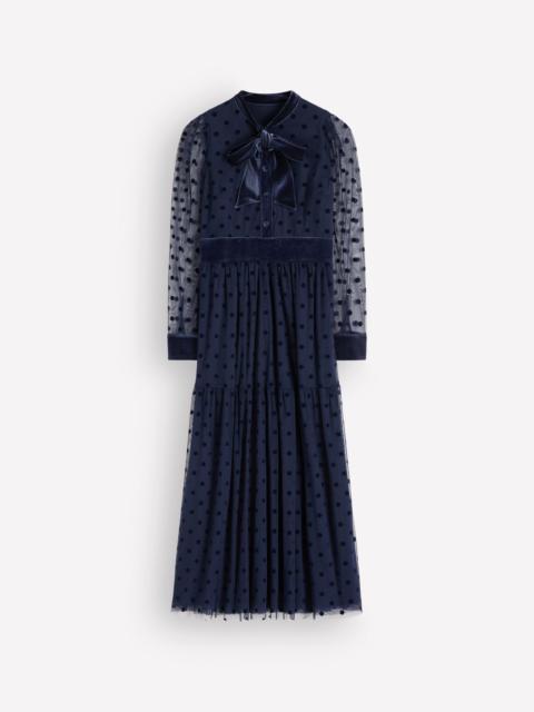 BODEN Tie Neck Tiered Tulle Dress-Navy