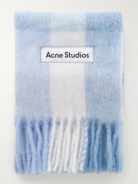 Acne Studios Fringed checked brushed-knit scarf Light blue