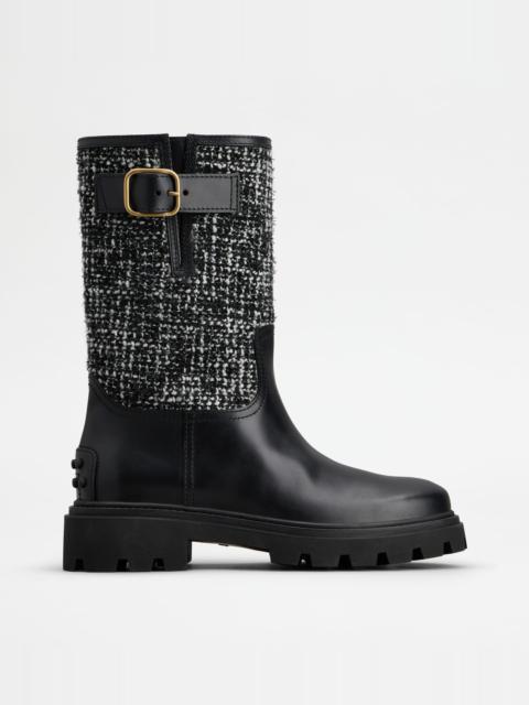 Tod's BIKER BOOTS IN LEATHER AND FABRIC - WHITE, BLACK