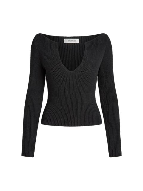 AYA MUSE Caeli Plunged Knit Cotton-Blend Top black