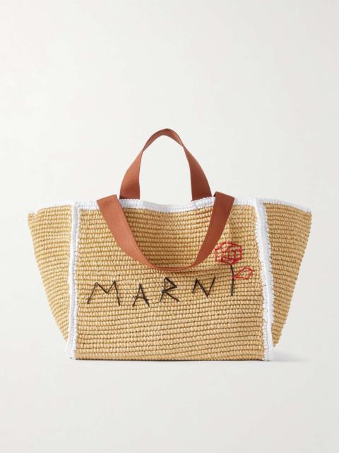 Marni Sillo medium webbing-trimmed embroidered raffia tote bag