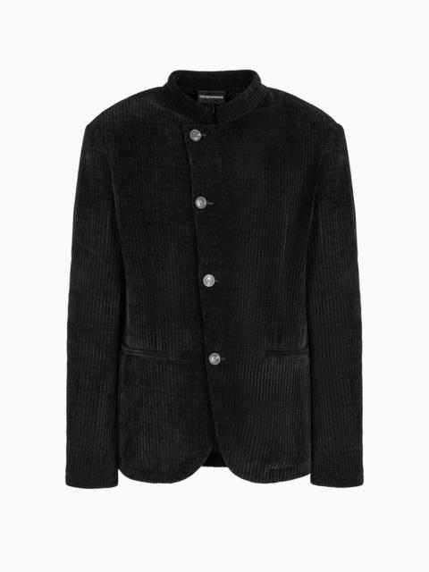 EMPORIO ARMANI Ribbed velour jacket with guru collar and off-centre fastening