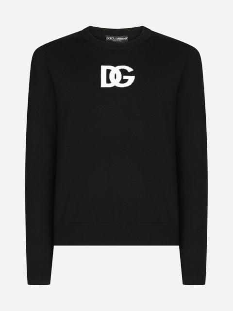 Dolce & Gabbana Wool round-neck sweater with DG logo inlay