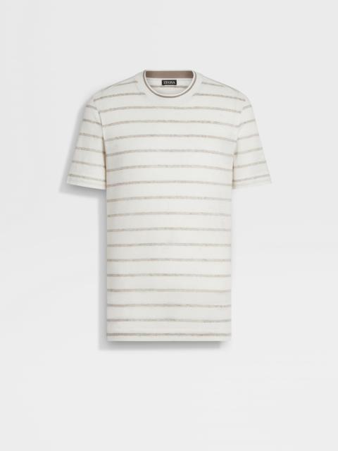 ZEGNA WHITE AND LIGHT TAUPE LINEN T-SHIRT