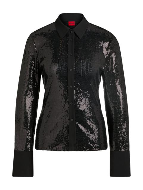HUGO SLIM-FIT SHIRT IN SEQUINNED MESH WITH POINT COLLAR
