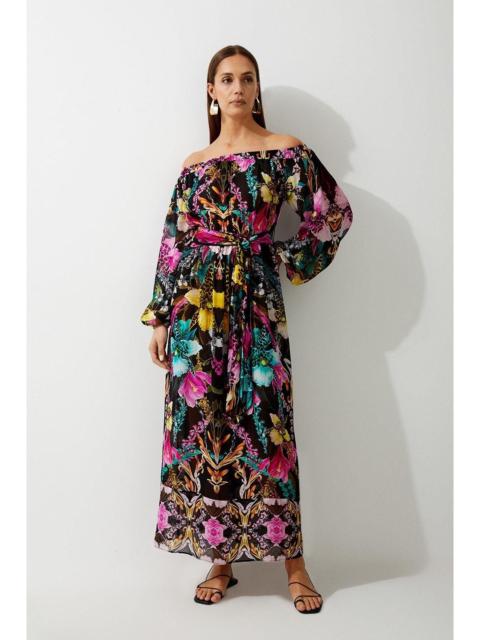 KAREN MILLEN Mirrored Tropical Viscose Georgette Bardot Beach Maxi Dress