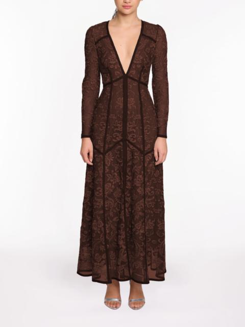 Marchesa CORDED LACE DEEP V LACE BUTTON MAXI DRESS