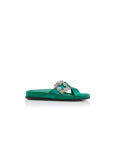 Manolo Blahnik Green Satin Jewel Buckle Flat Mules