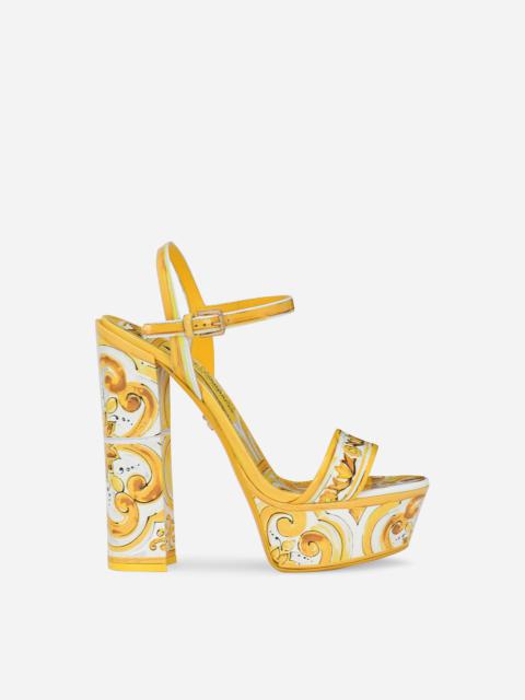 Polished calfskin platform sandals with majolica print