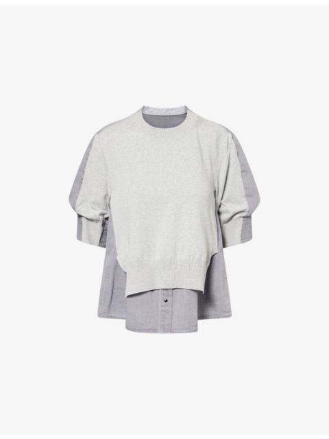 sacai Short-Sleeve Layered Cotton-Knit and Denim Top
