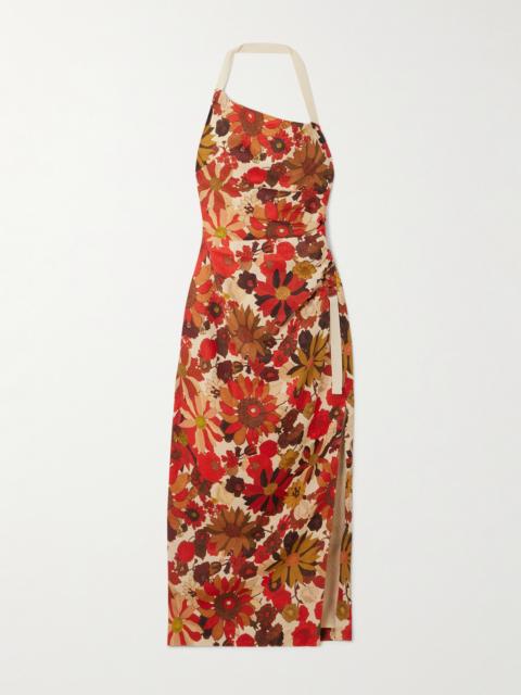 SIR. Castella Tie-detailed Gathered Floral-print Linen Halterneck Midi Dress