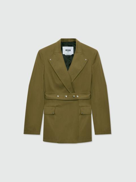 MSGM Military green double-breasted cotton gabardine jacket with belt and visible metal buttons