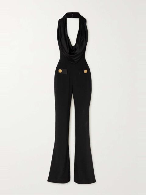 Button-embellished draped satin and crepe jumpsuit