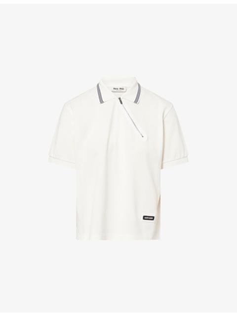 Miu Miu Diagonal-Zip Contrast-Stripe Cotton Polo Top