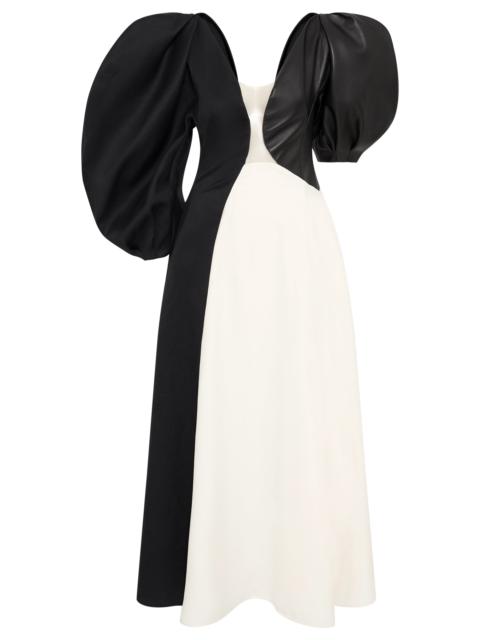 GABRIELA HEARST Sephir Puff Sleeve Maxi Dress in Ivory Silk Wool Cady, Black Linen Slub & Leather