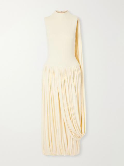 ABADIA Asymmetric draped stretch bamboo-jersey midi dress Cream