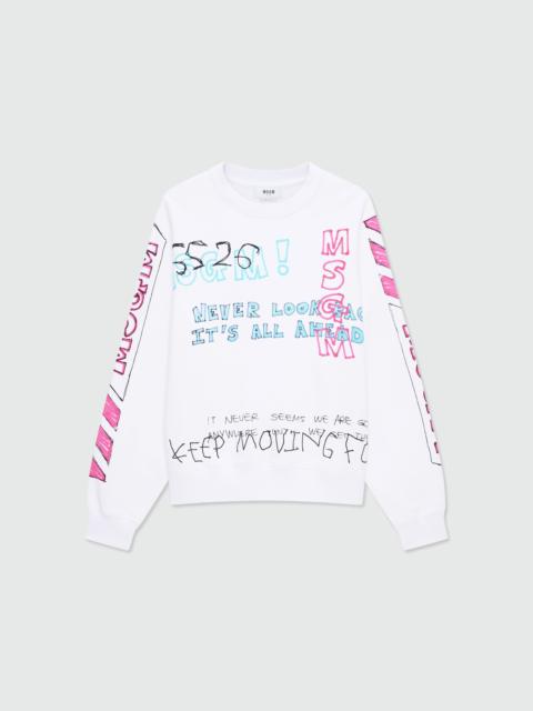 MSGM White cotton crew-neck sweatshirt with all-over print