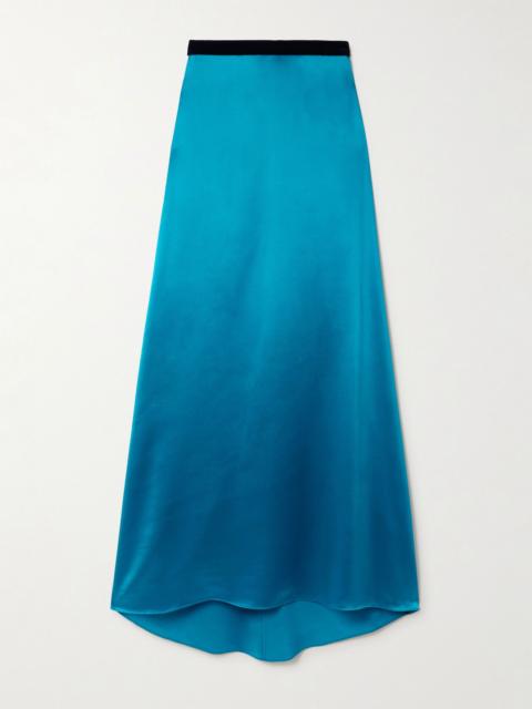 Valentino Velvet-trimmed satin-crepe maxi skirt Blue
