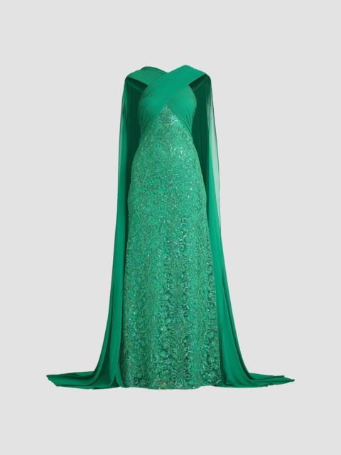 TADASHI SHOJI Women's Sequin-Embroidered Lace Cape Gown - Ancient Jade