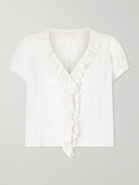 DÔEN Clairette Cropped Ruffled Lace-trimmed Organic Cotton-voile Top