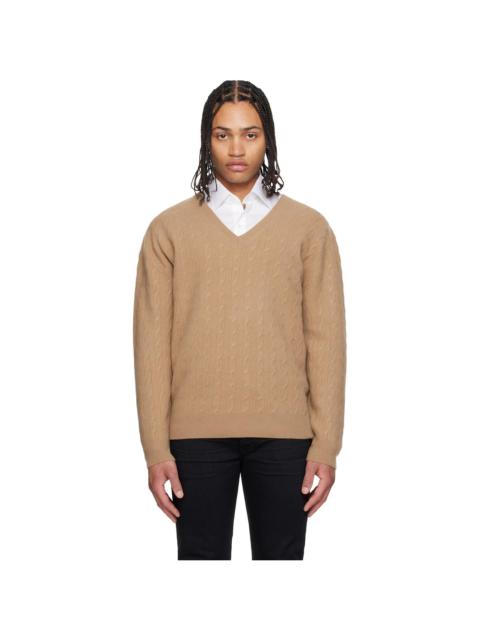 TOM FORD Tan Cable Lambswool LS V-Neck Sweater
