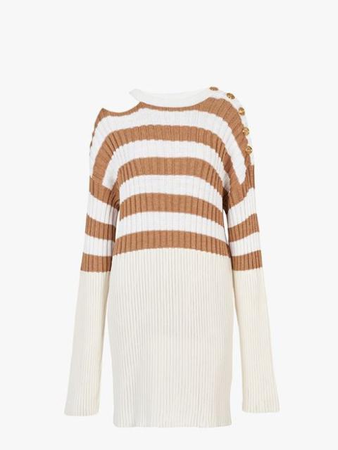 Balmain Ecru and sand-colored striped eco-designed wool dress