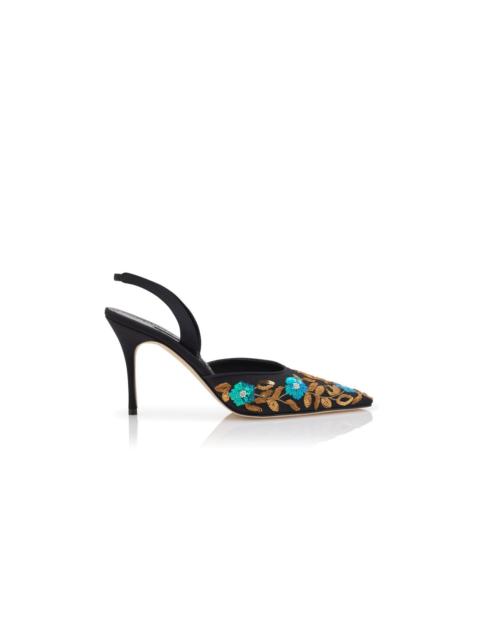 Manolo Blahnik Black Crepe de Chine Embroidered Slingback Pumps