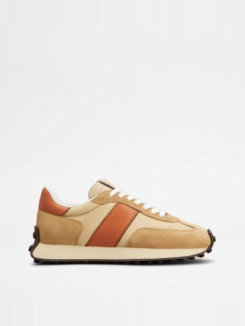 Tod's T VINTAGE SNEAKERS IN LEATHER AND TECHNICAL FABRIC - BROWN, BEIGE, ORANGE