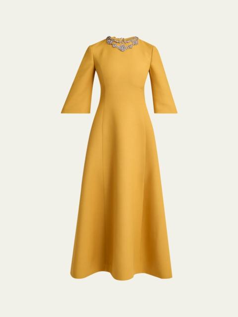 Valentino Crystal Embroidered Silk-Wool 3/4-Sleeve Midi Dress