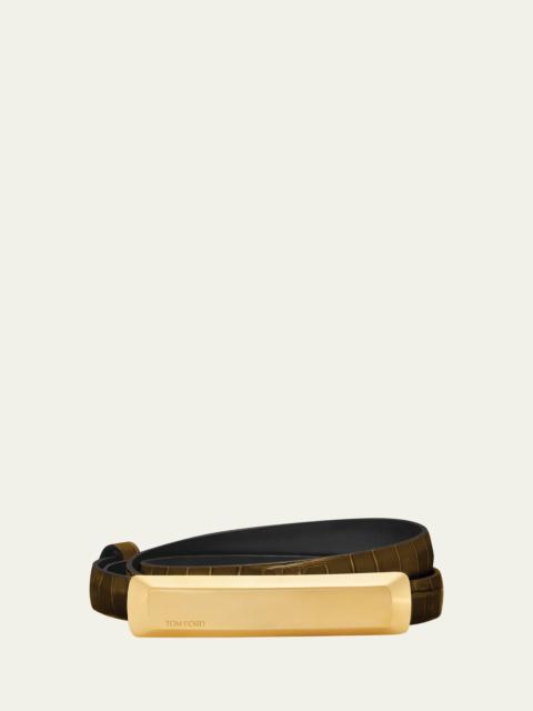 Croc-Embossed Leather Skinny Belt