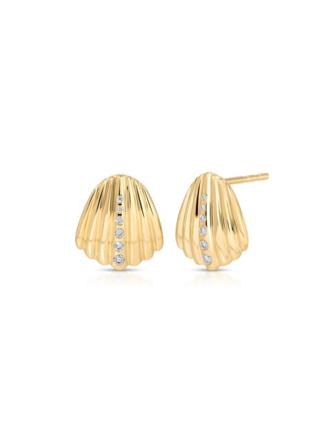 EF Collection 14K Yellow Gold Diamond Shell Stud Earrings
