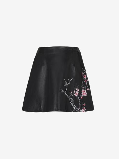 Women's Cherry Blossom Leather Mini Skirt in Black/pink/ivory